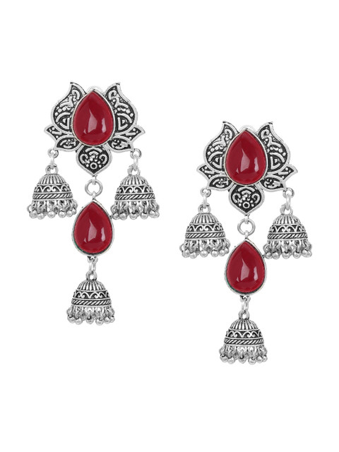 

Mali Fionna Red & Silver-Toned Dome Shaped Jhumkas