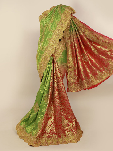 

Pothys Green & Orange Pure Silk Embellished Kanjeevaram Saree