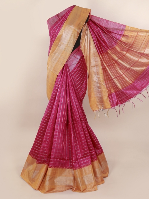 

Pothys Magenta & Silver-Toned Jute Silk Checked Saree