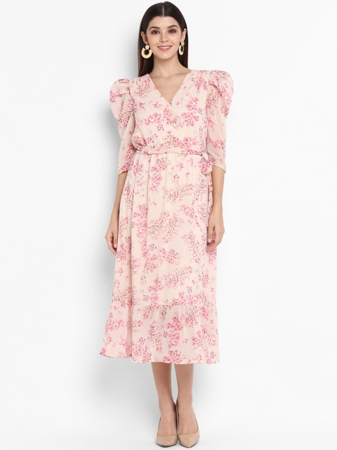

NIZA Women Beige Printed A-Line Dress With Puff Sleeves