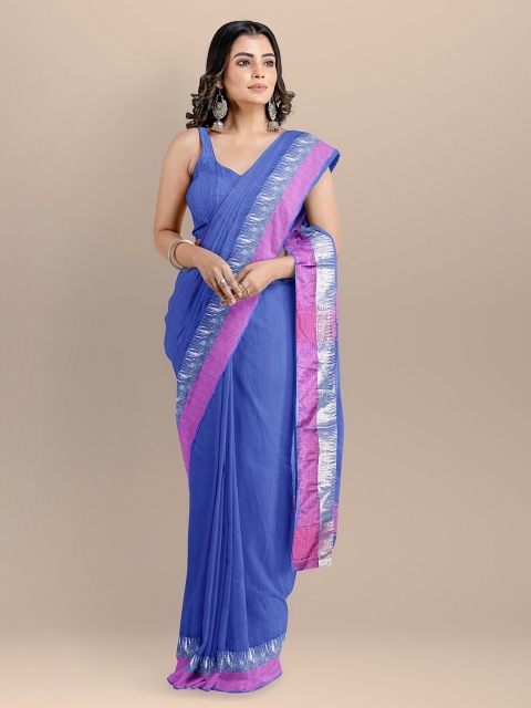 

BharatSthali Blue Silk Cotton Solid Maheshwari Saree