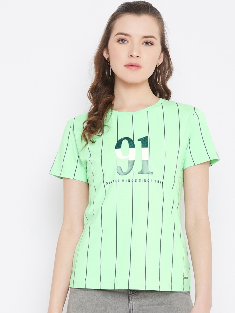 

Octave Women Green Striped Round Neck T-shirt