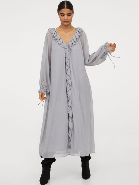 

H&M Grey Long Frill-Trimmed Dress