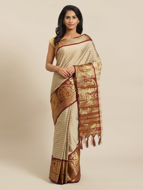 

Mitera Beige & Maroon Silk Blend Checked Banarasi Saree