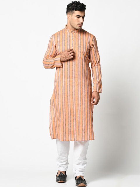 

LAMAAYA Men Orange & White Striped Kurta with Pyjamas