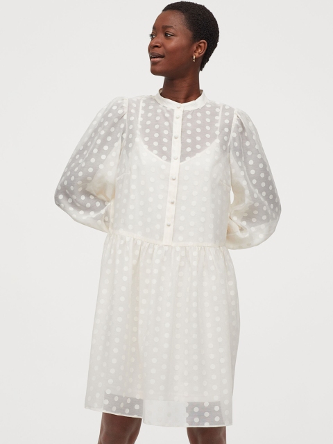 

H&M Women White Polka Dots Printed Puff-Sleeved Dress