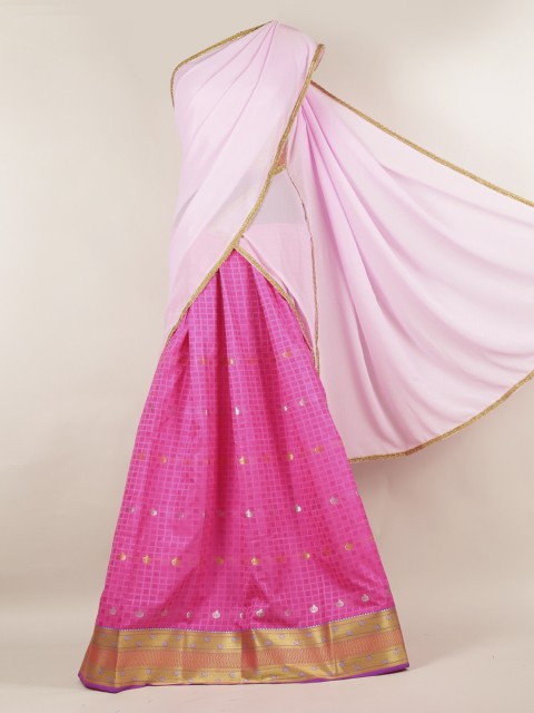

Pothys Pink Checked Poly Chiffon Half Saree