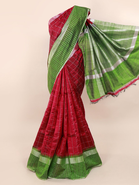 

Pothys Maroon & Green Jute Silk Checked Saree