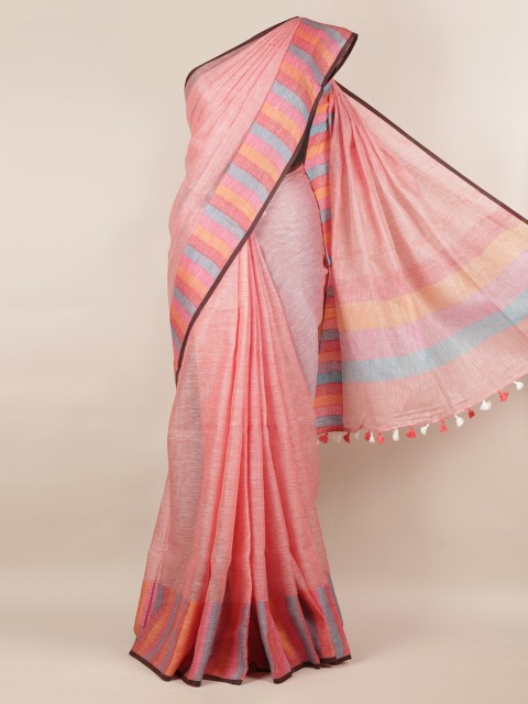 

Pothys Pink & Blue Linen Blend Solid Saree