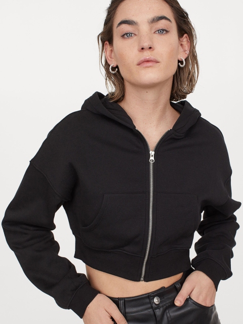 

H&M Women Black Cropped Zip-Through Hoodie