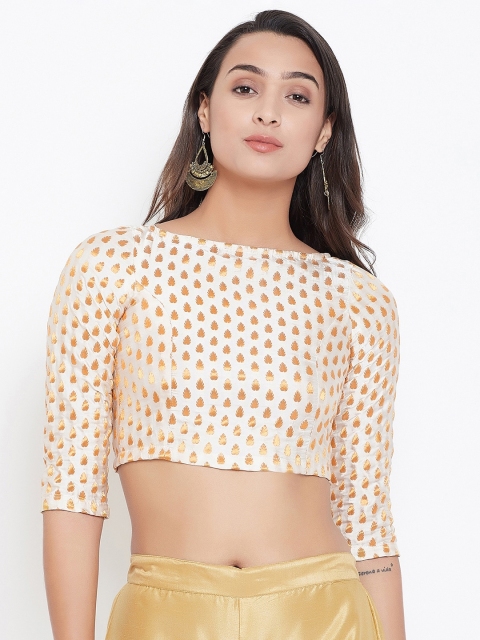 

Meee Off White & Gold-Coloured Ethnic Motifs Printed Crop Top