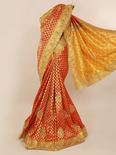 

Pothys Pink & Gold-Toned Pure Silk Embellished Kanjeevaram Saree