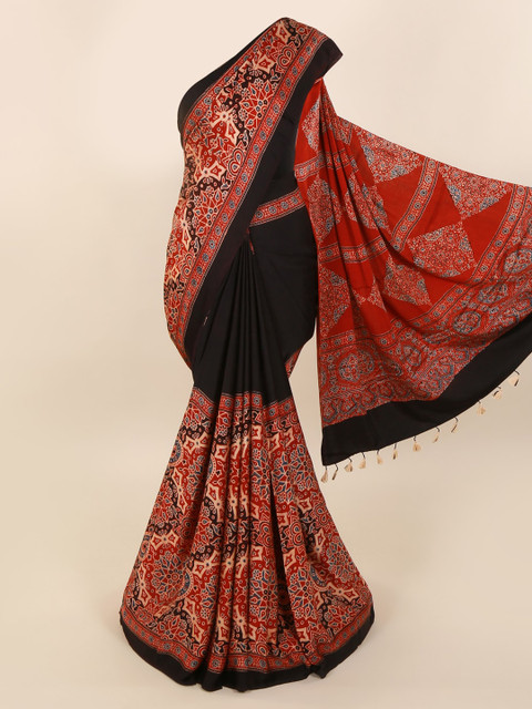 

Pothys Black & Red Pure Silk Printed Dabu Saree