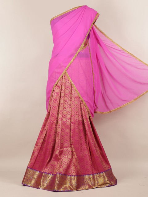 

Pothys Pink Solid Poly Chiffon Lehenga Half Saree