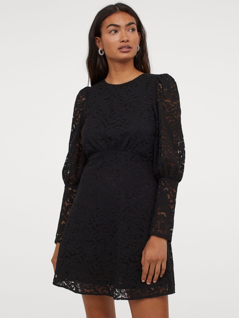 

H&M Women Black Self Design Puff-Sleeved Lace Fit and Flare Dress