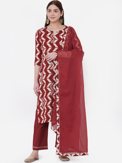 

FASHOR Women Maroon & Cream-Coloured Printed Kurta with Palazzos & Dupatta
