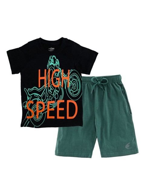 

KiddoPanti Boys Black & Green Printed T-shirt with Shorts