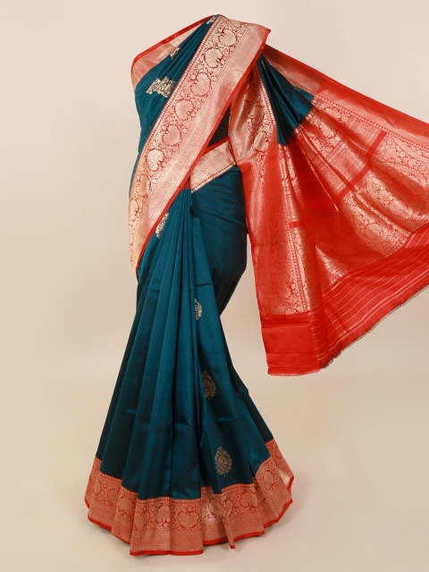 

Pothys Teal & Gold-Toned Pure Silk Woven Design Saree With Zari Border