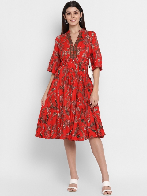 

NIZA Women Red Printed Fit and Flare Dress