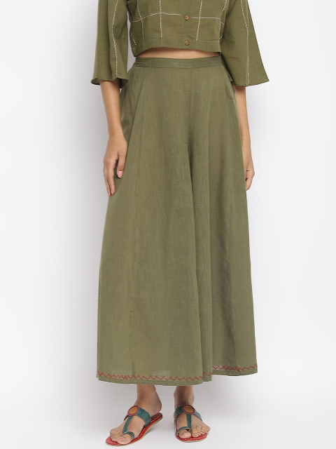 

TJORI Women Olive Green Regular Fit Solid Cotton Parallel Trousers