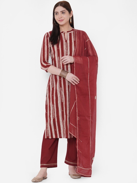 

FASHOR Women Maroon & Cream-Coloured Striped Kurta with Trousers & Dupatta