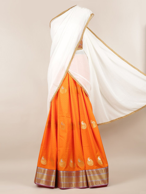 

Pothys White & Orange Poly Chiffon Printed Half Saree