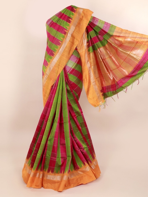 

Pothys Green & Pink Jute Silk Checked Saree