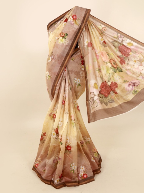 

Pothys Cream-Coloured & Brown Pure Silk Phulkari Printed Saree