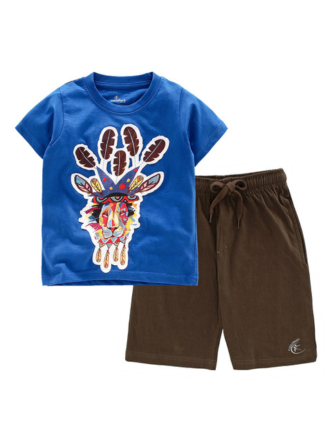 

KiddoPanti Boys Blue & Brown Printed T-shirt with Shorts