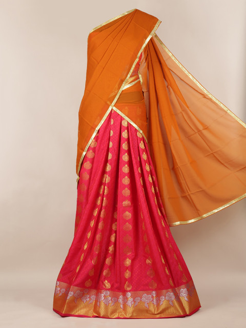 

Pothys Mustard & Pink Poly Chiffon Woven Design Half Saree