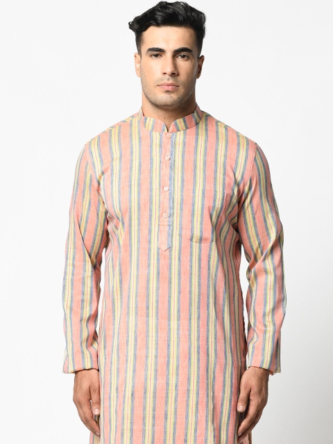 

LAMAAYA Men Pink & Off-White Striped Kurta with Churidar