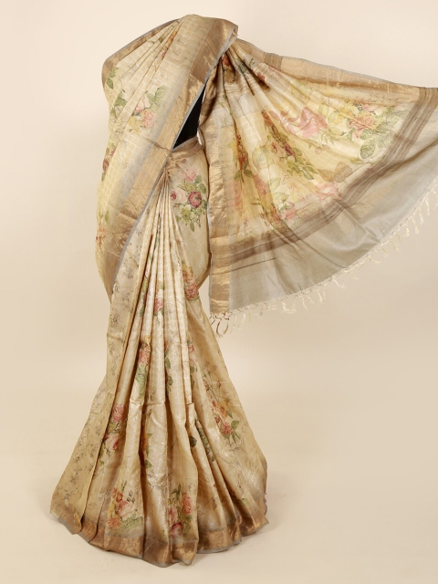 

Pothys Cream-Coloured Phulkari Printed Pure Silk Saree