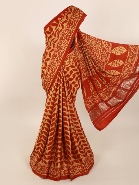 

Pothys Red & Orange Pure Silk Printed Dabu Saree