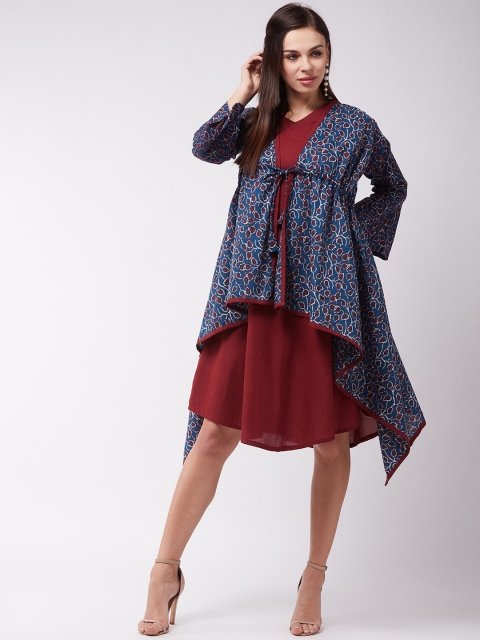 

InWeave Women Navy Blue Printed A-Line Dress With Shrug