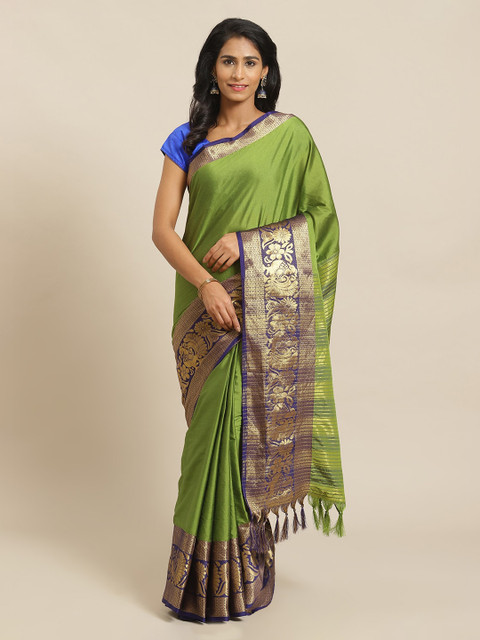 

Mitera Green & Gold-Toned Silk Blend Solid Banarasi Saree
