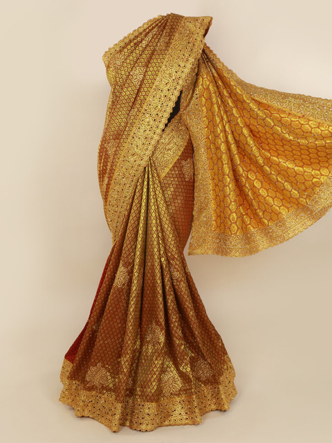 

Pothys Gold-Toned Pure Silk Woven Design Kanjeevaram Saree With Embellished Border