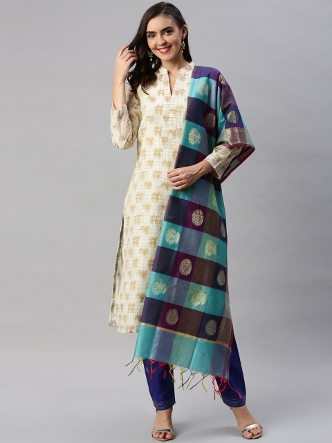 

Soch Cream-Coloured & Gold-Toned Cotton Blend Unstitched Dress Material