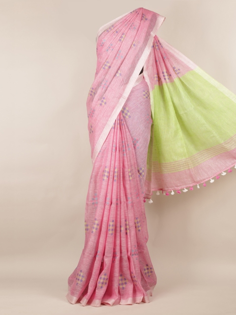 Pothys Pink Printed Linen Blend Saree