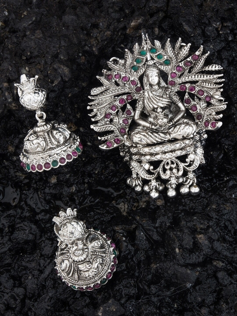 

Alankruthi Silver Plated Pink & Green Stone Studded Jewellery Set