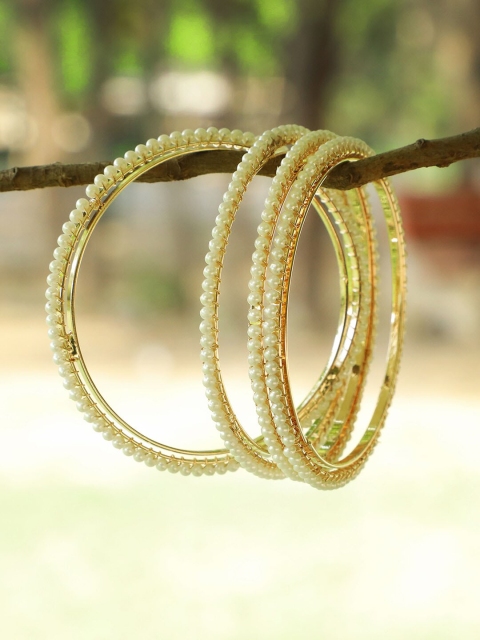 

Adwitiya Collection Set Of 4 Gold-Plated White Pearl Studded Handcrafted Bangles