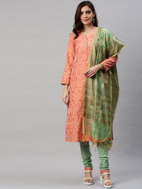 Soch Coral & Green Cotton Blend Unstitched Dress Material