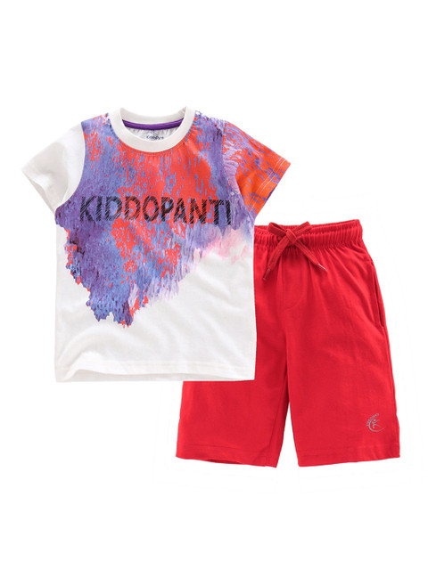

KiddoPanti Boys Off-White & Red Printed T-shirt with Shorts