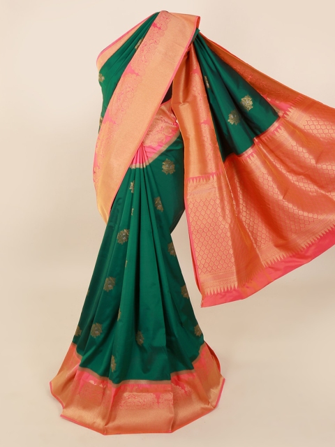 

Pothys Green & Gold-Toned Pure Silk Woven Design Saree With Zari Border
