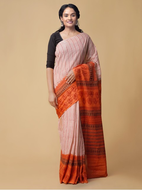 

Unnati Silks Orange Block Printed Chanderi Saree