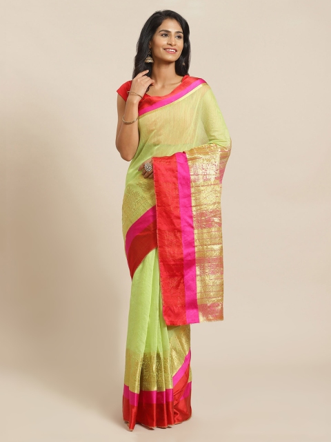

Mitera Green & Red Silk Cotton Solid Saree
