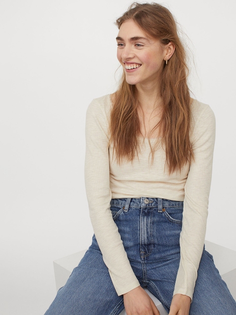 

H&M Women Beige Ribbed Modal-blend Top