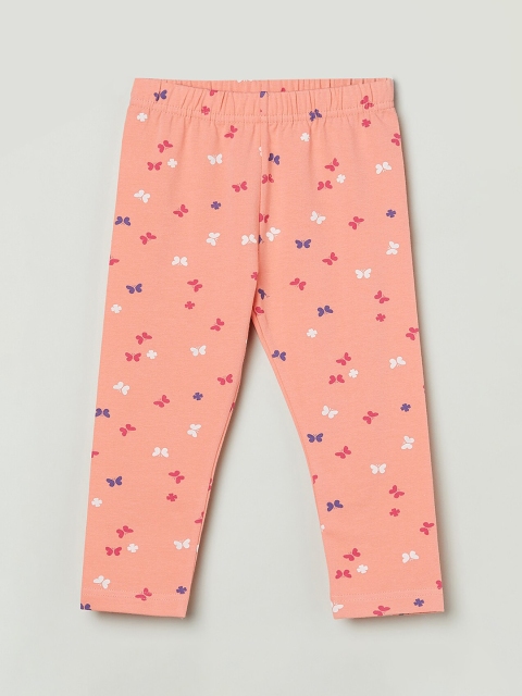 

max Girls Coral Pink & White Printed Ankle-Length Leggings