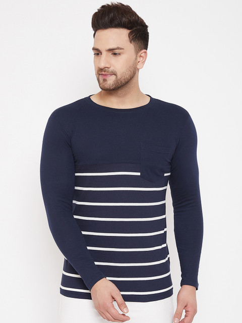 

Hypernation Men Blue Striped Round Neck T-shirt