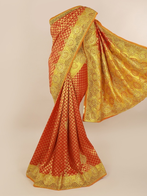 

Pothys Red & Gold-Toned Pure Silk Woven Design Kanjeevaram Saree