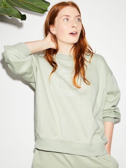 

H&M Women Green Printed Cotton Blend Sweatshirt